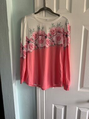 Floral Ombre Long Sleeve Top - Pink and White